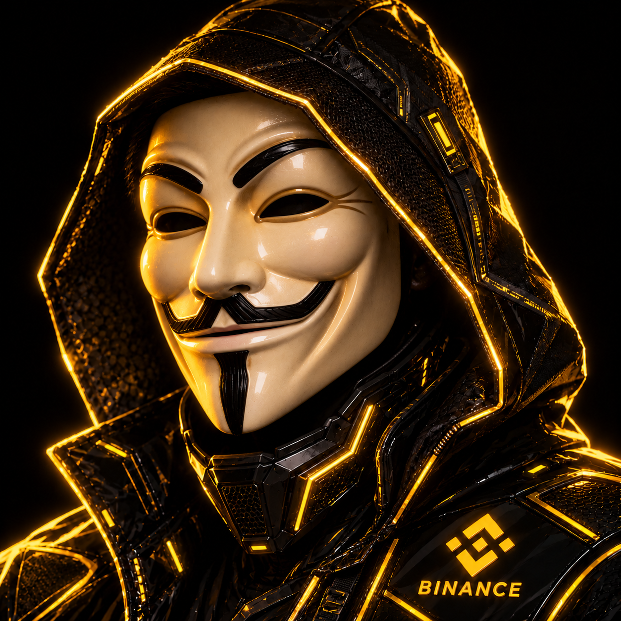 HSI: a hooded Anonymous mask in black armor illuminated by yellow light
